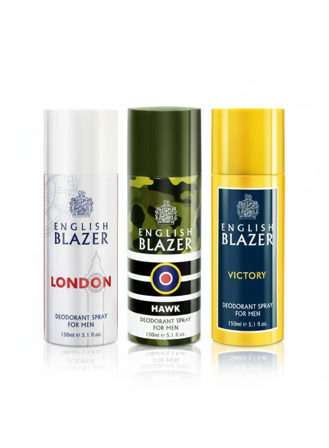 English Blazer Body Spray Set for Men (London + Hawk + Victory) – Long-Lasting Fresh Fragrance Deodorant | 3 × 150 ml - Image 1